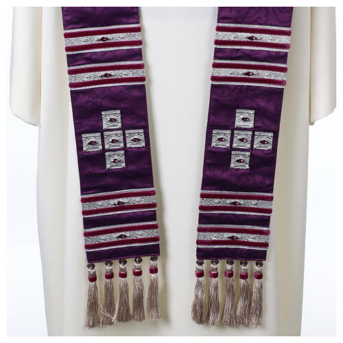 Purple silk damask stole with crystals by Vebi Confezioni 4