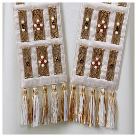 Pure white silk stole with gold trim and crystals by Vebi Confezioni