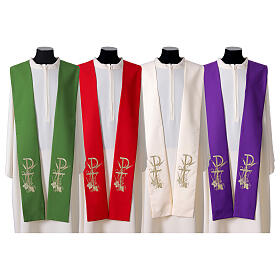 Machine embroidered stole with gold thread, Chi-Rho, grape and wheat