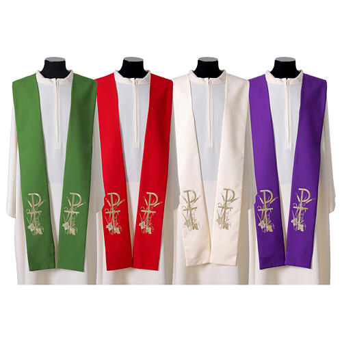 Machine embroidered stole with gold thread, Chi-Rho, grape and wheat 1