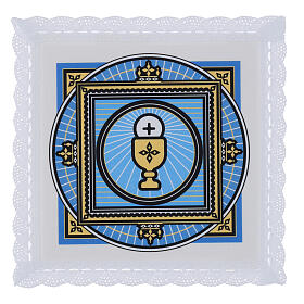 Palla, Druckmotiv Kelch und Hostie, hellblau – 17 × 17 cm, 50 % Leinen, 50 % Baumwolle