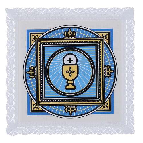 Palla, Druckmotiv Kelch und Hostie, hellblau – 17 × 17 cm, 50 % Leinen, 50 % Baumwolle 1