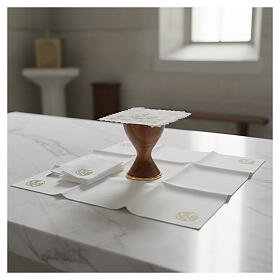 Altar linens set with JHS monogram embroidered in gold, 100% linen