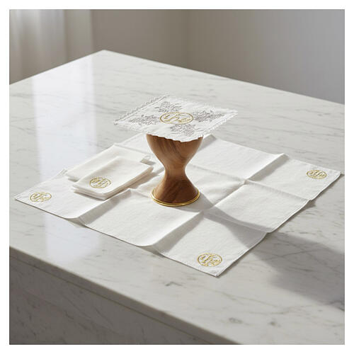 Altar linen set with JHS, gold embroidery & silver grapevine 2