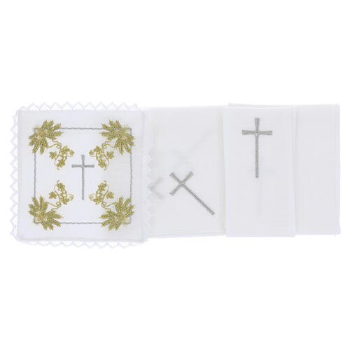 Set altare servizio messa ricami spighe dorate croce argentata 4