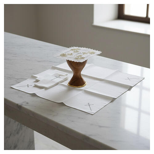 Mass altar linen set with golden wheat embroidery and silver cross 2