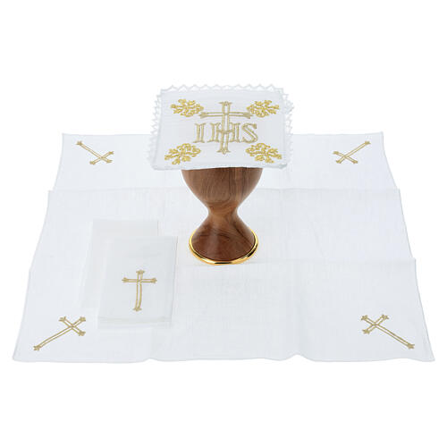 Altar mass set 100% linen with IHS embroidery and floral motifs 3