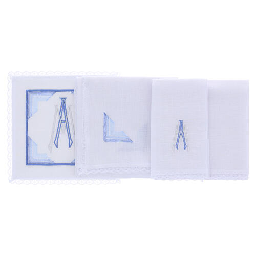 Servizio liturgico lino con ricamo mariano azzurro 4