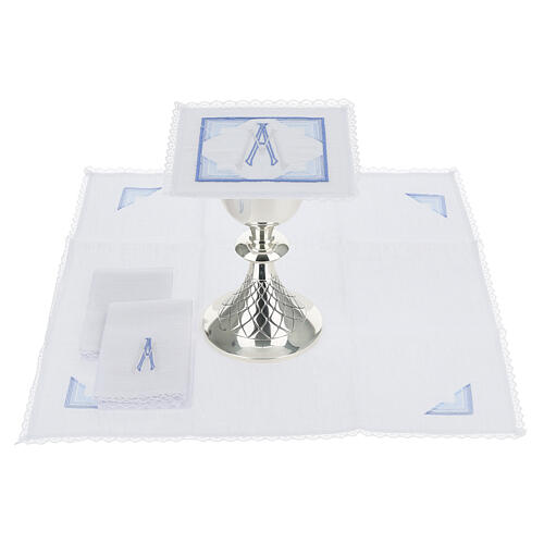 Marian altar linens with blue embroidery 3
