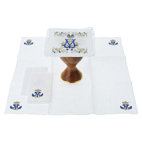 Marian altar linens with gold and blue embroidery, 100% linen 3