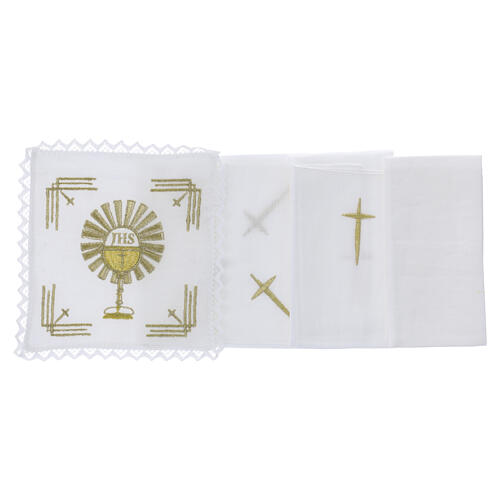Conjunto completo de linho para altar JHS cálice e hóstia bordado em fio dourado 4