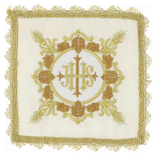 Palla liturgica copricalice con ricamo IHS e decoro barocco oro 5