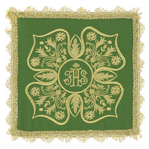 Liturgical pall for chalice with IHS embroidery and gold floral motifs 3