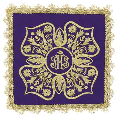 Palla liturgica copricalice con ricamo IHS e motivi floreali oro 6