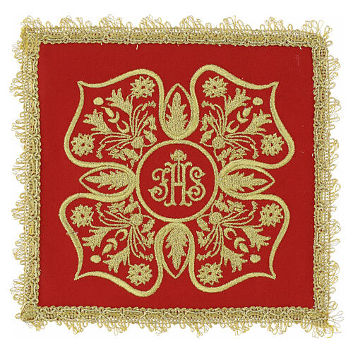 Palka liturgiczna - nakrycie na kielich z haftem IHS i złotymi motywami kwiatowymi 4