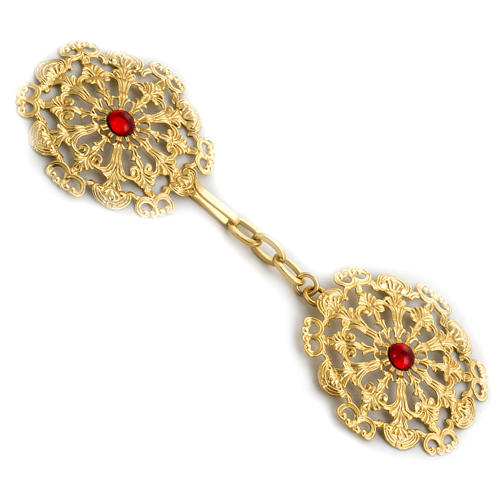 Cope clasp, gold-plated brass, round with red stone 1