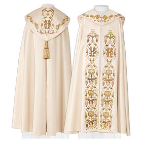 Copes, Roman Chasubles and Dalmatics: Cope in 80% cream polyester with gold JHS embroidery Copes, Roman Chasubles and Dalmatics: Cope in 80% cream polyester with gold JHS embroidery