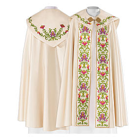 Copes, Roman Chasubles and Dalmatics: Cope in 80% cream polyester with green purple floral embroideries Copes, Roman Chasubles and Dalmatics: Cope in 80% cream polyester with green purple floral embroideries
