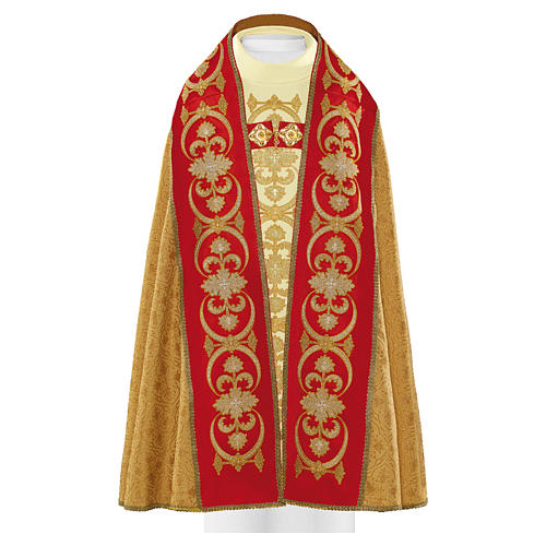 Chape liturgique 80% polyester broderie dorée tissu rouge 1