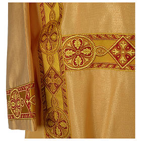 Gold dalmatic in striped faille and wool mix with trim application on front and back