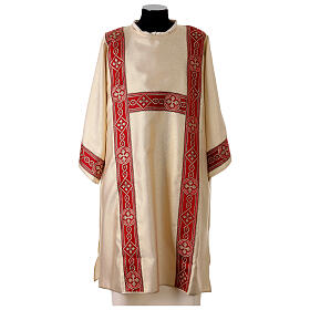 Gold dalmatic in striped faille and wool mix with trim application on front and back