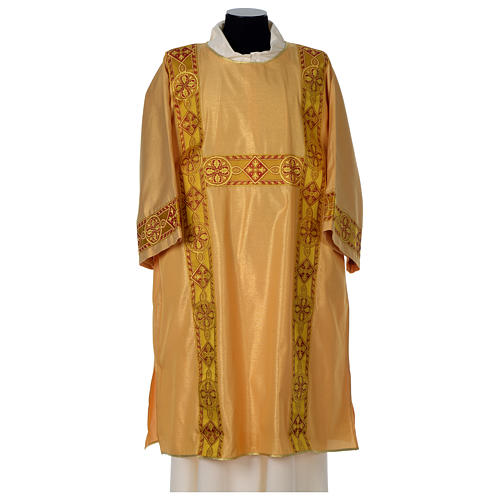 Gold dalmatic in striped faille and wool mix with trim application on front and back 1