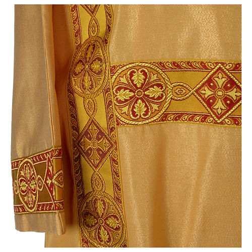 Gold dalmatic in striped faille and wool mix with trim application on front and back 2