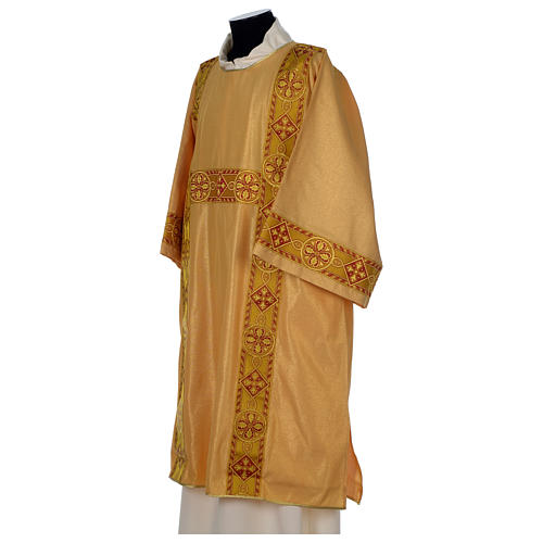 Gold dalmatic in striped faille and wool mix with trim application on front and back 3