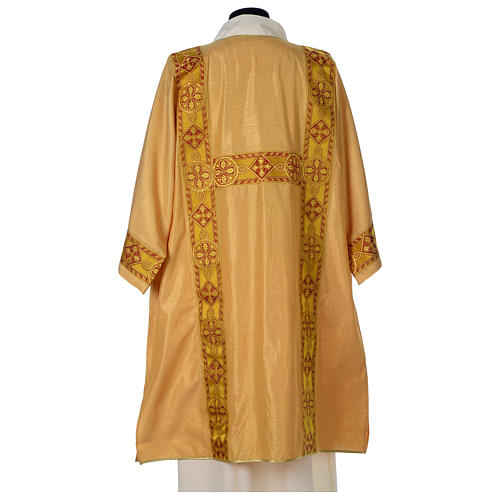 Gold dalmatic in striped faille and wool mix with trim application on front and back 4