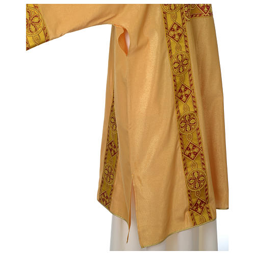 Gold dalmatic in striped faille and wool mix with trim application on front and back 5