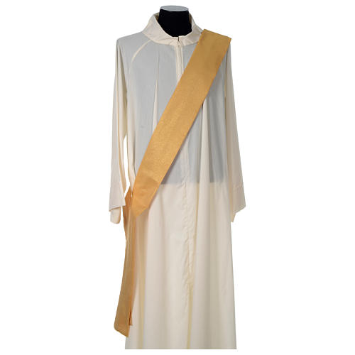 Gold dalmatic in striped faille and wool mix with trim application on front and back 6