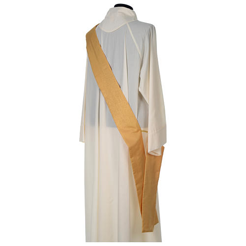 Gold dalmatic in striped faille and wool mix with trim application on front and back 7