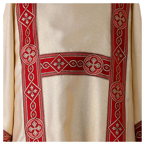 Gold dalmatic in striped faille and wool mix with trim application on front and back 2