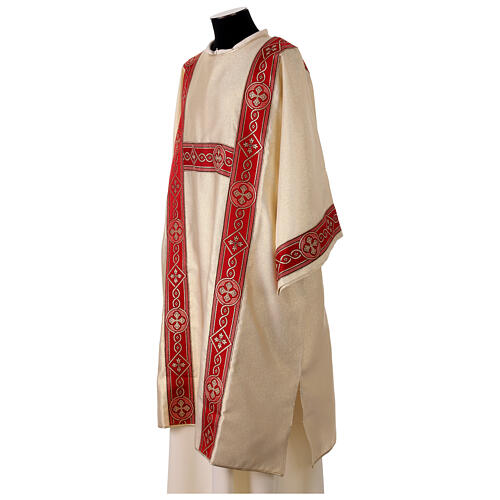 Gold dalmatic in striped faille and wool mix with trim application on front and back 3
