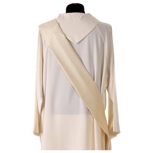 Gold dalmatic in striped faille and wool mix with trim application on front and back 7