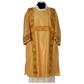 Gold Deacon Dalmatic in striped faille and wool mix with trim application on front and back