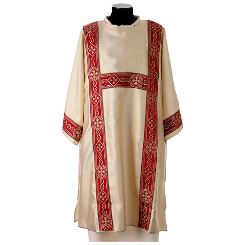Gold Deacon Dalmatic in striped faille and wool mix with trim application on front and back 1