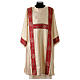 Gold Deacon Dalmatic in striped faille and wool mix with trim application on front and back s1