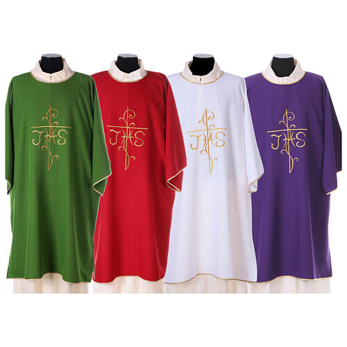 Dalmatic with cross and JHS embroidery on front and back made in Vatican fabric 100% polyester 1