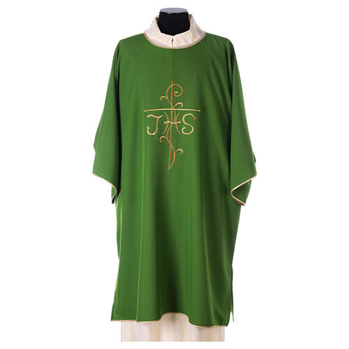 Dalmatic with cross and JHS embroidery on front and back made in Vatican fabric 100% polyester 3
