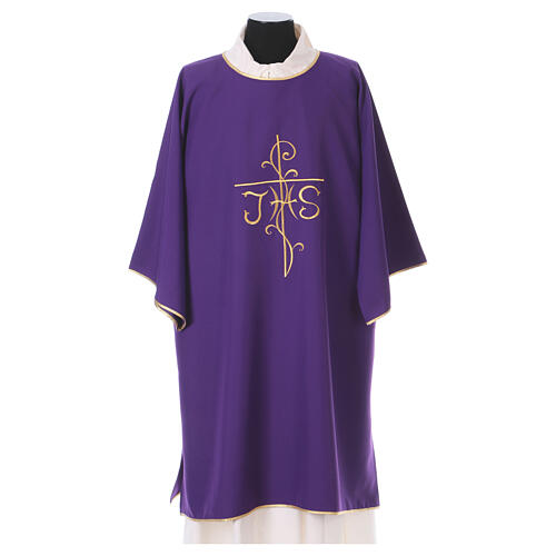 Dalmatic with cross and JHS embroidery on front and back made in Vatican fabric 100% polyester 6
