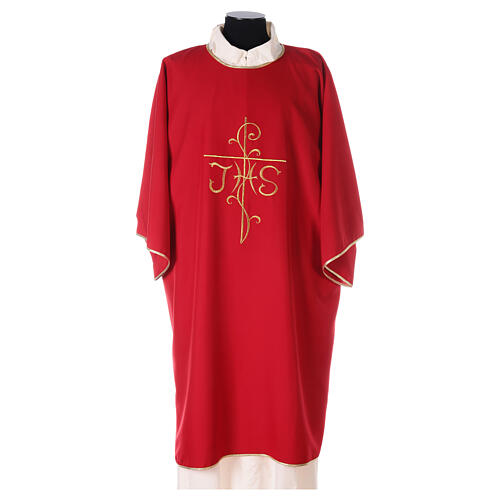 Dalmatique broderie croix IHS avant arrière tissu Vatican 100% polyester 4