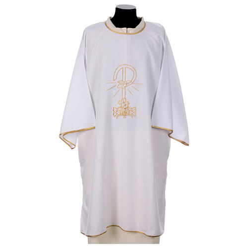 Dalmatic with Peace and lilies embroidery on front and back made in Vatican fabric 100% polyester 1