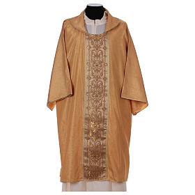 Deacon Dalmatic with clergy stole in striped faille and wool mix trim application on front and back