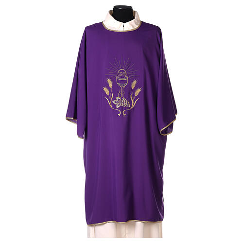 Ultralight Dalmatic with chalice, grapes and wheat embroidery on front and back, Vatican fabric 100% polyester 7