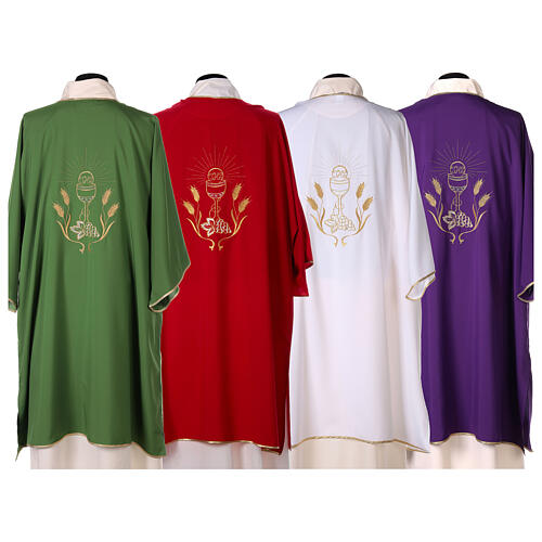 Ultralight Dalmatic with chalice, grapes and wheat embroidery on front and back, Vatican fabric 100% polyester 10