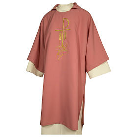 Rose dalmatic with IHS, fish and loaves symbols