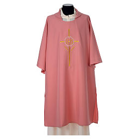 Religious Pink Dalmatic 100% polyester with crosses ears of wheat and IHS symbol