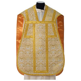 Roman Fiddleback Chasuble in golden brocade fabric with satin lining