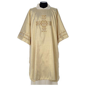 Chapes, Chasubles Romaines, Dalmatiques: Dalmatique ivoire travaillée or croix moderne